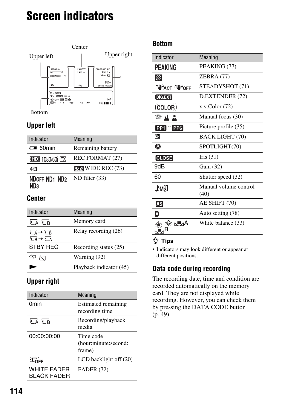 Screen indicators | Sony HDR-AX2000 User Manual | Page 114 / 132
