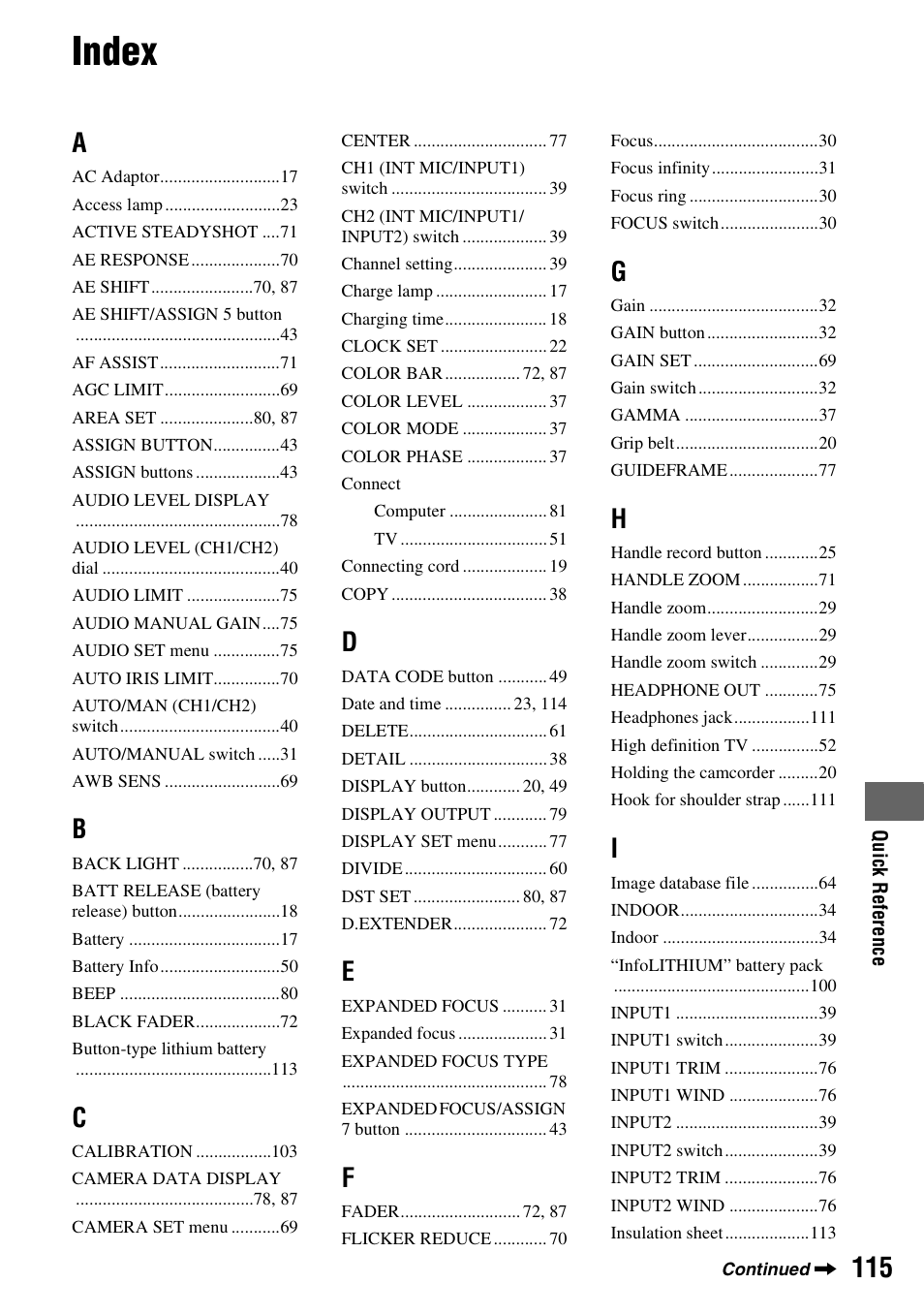 Index | Sony HDR-AX2000 User Manual | Page 115 / 132