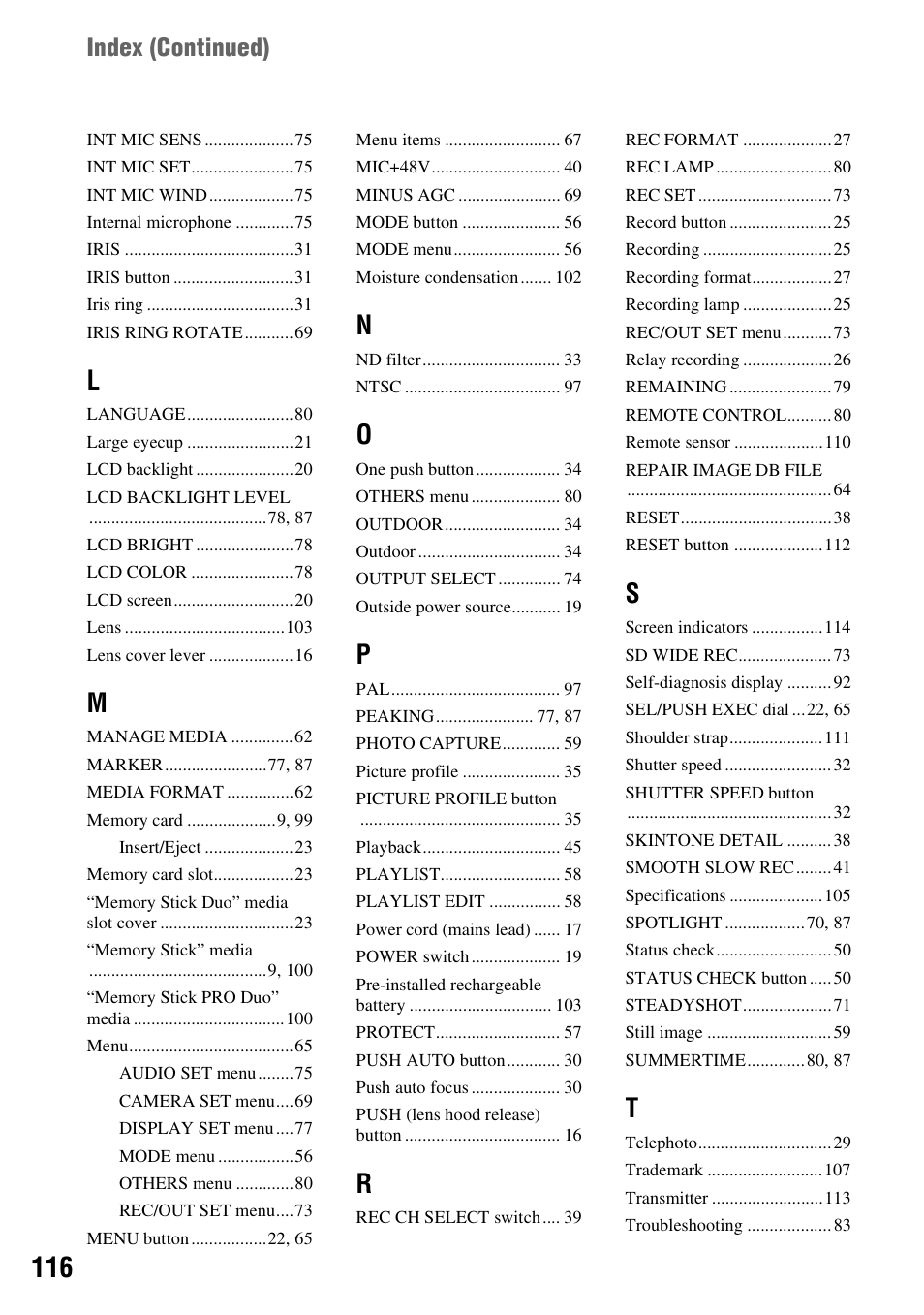 Index (continued) | Sony HDR-AX2000 User Manual | Page 116 / 132