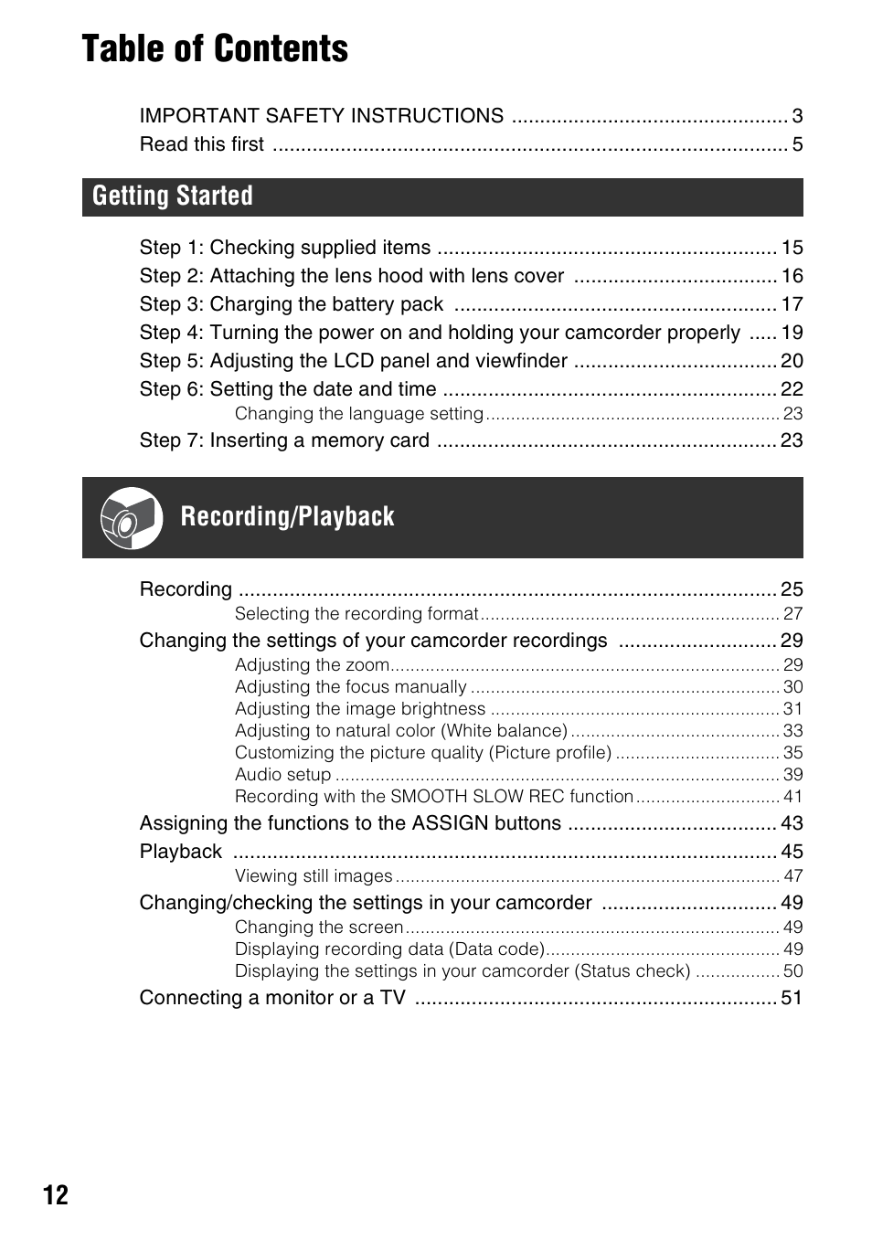 Sony HDR-AX2000 User Manual | Page 12 / 132