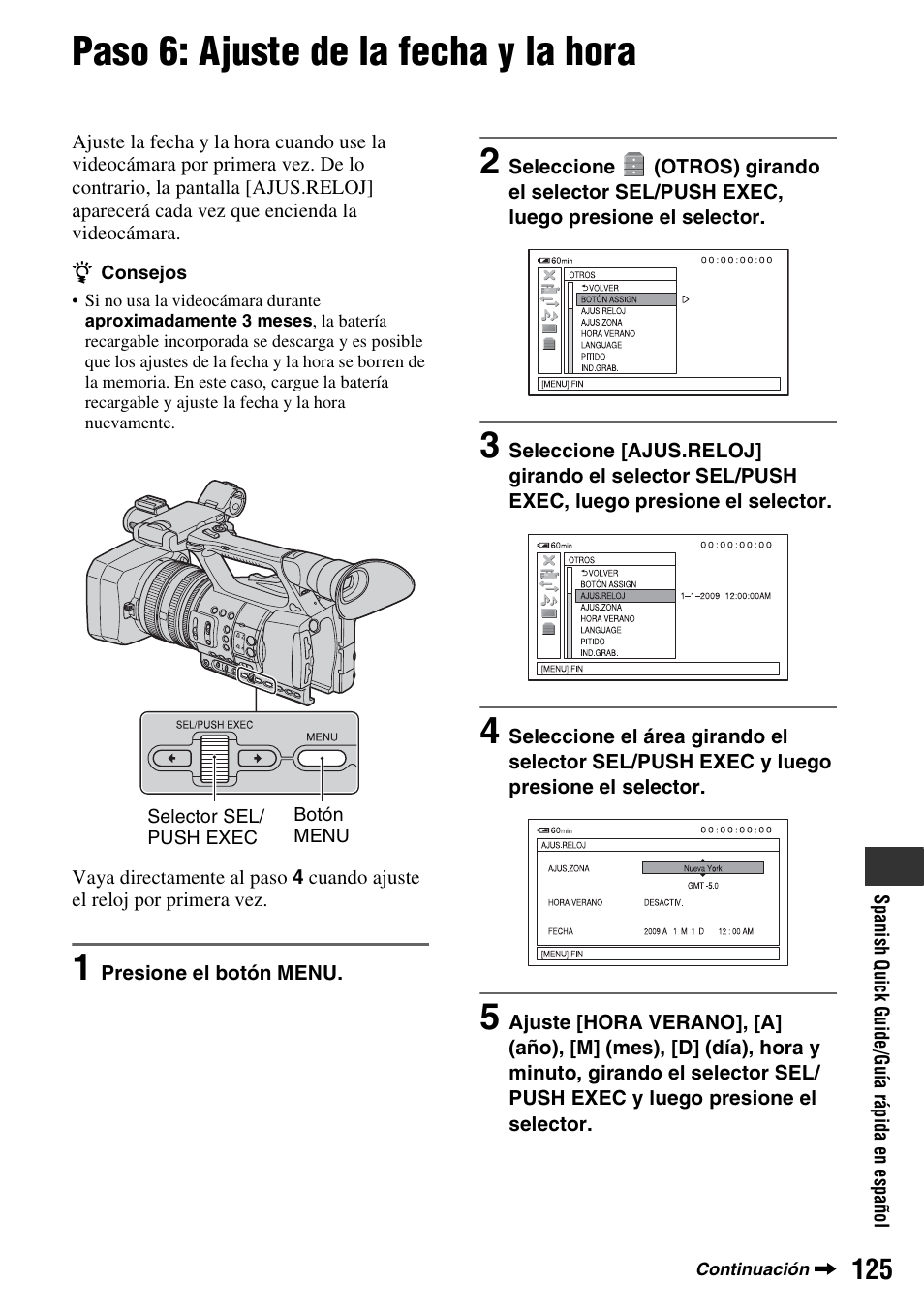 Paso 6: ajuste de la fecha y la hora, Pág. 125) | Sony HDR-AX2000 User Manual | Page 125 / 132