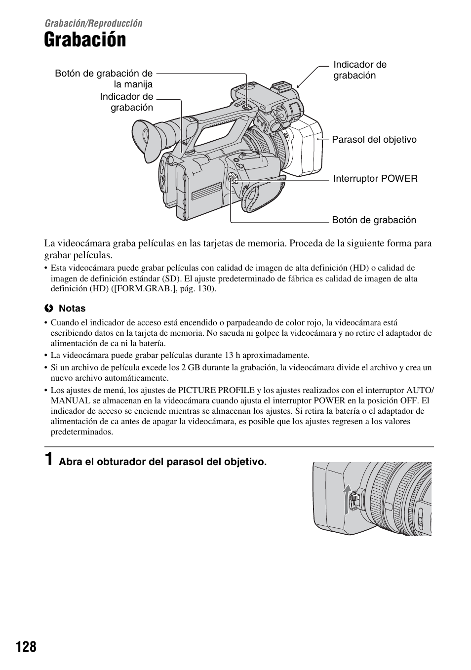 Grabación/reproducción, Grabación | Sony HDR-AX2000 User Manual | Page 128 / 132