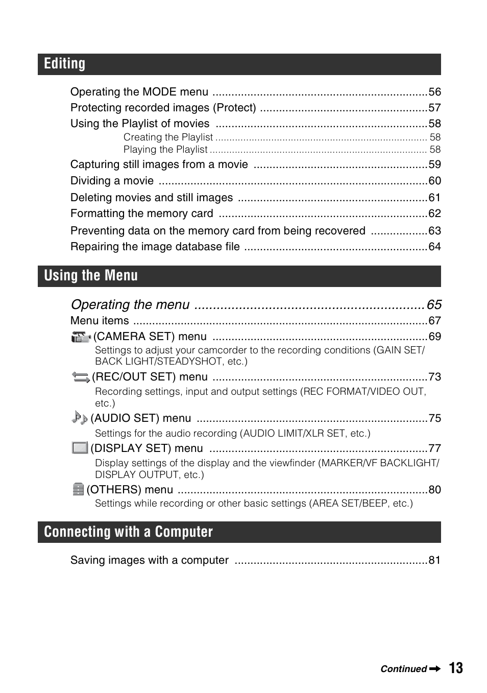 Editing using the menu connecting with a computer, Operating the menu | Sony HDR-AX2000 User Manual | Page 13 / 132