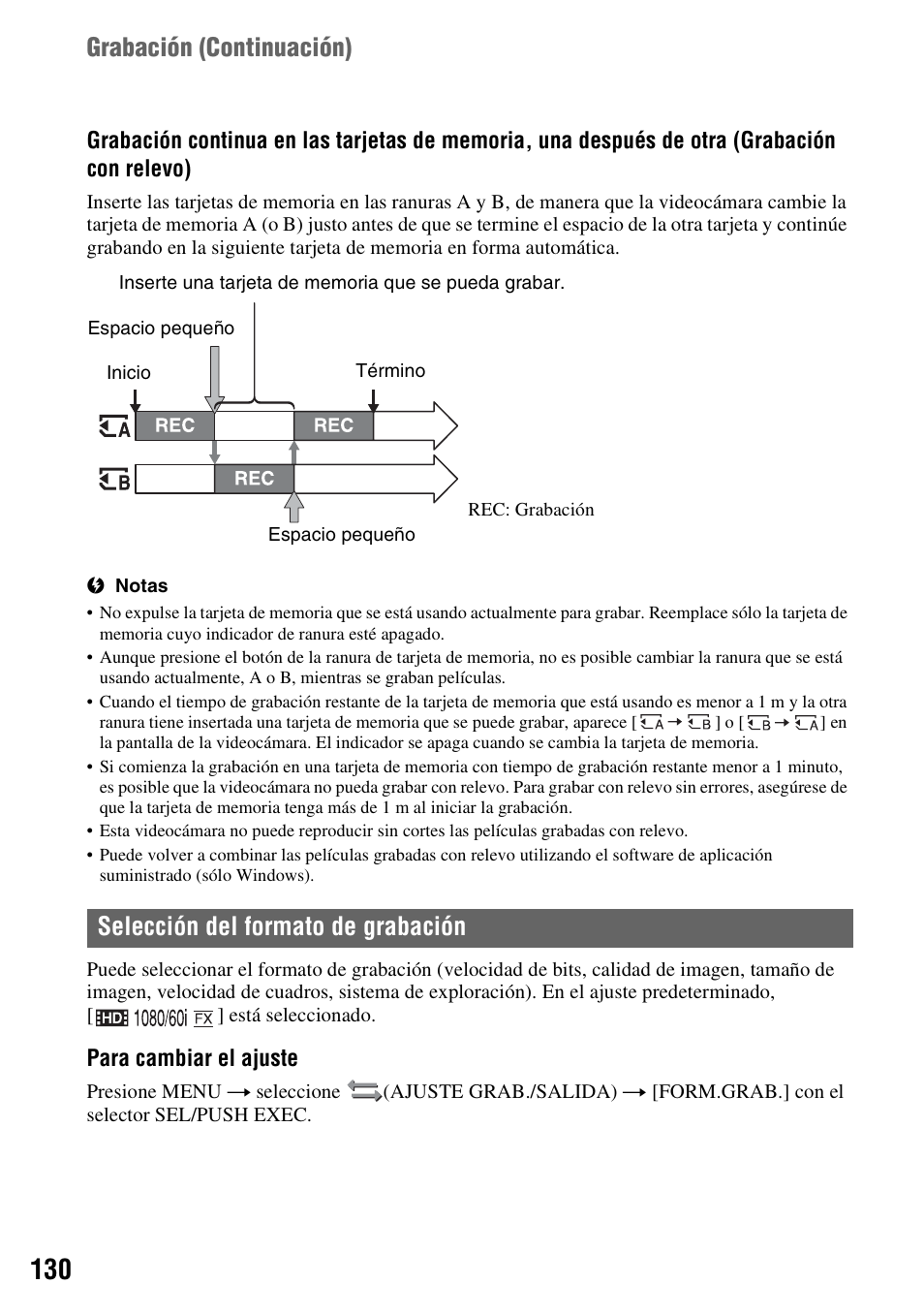 Selección del formato de grabación, Grabación ( continuación) | Sony HDR-AX2000 User Manual | Page 130 / 132
