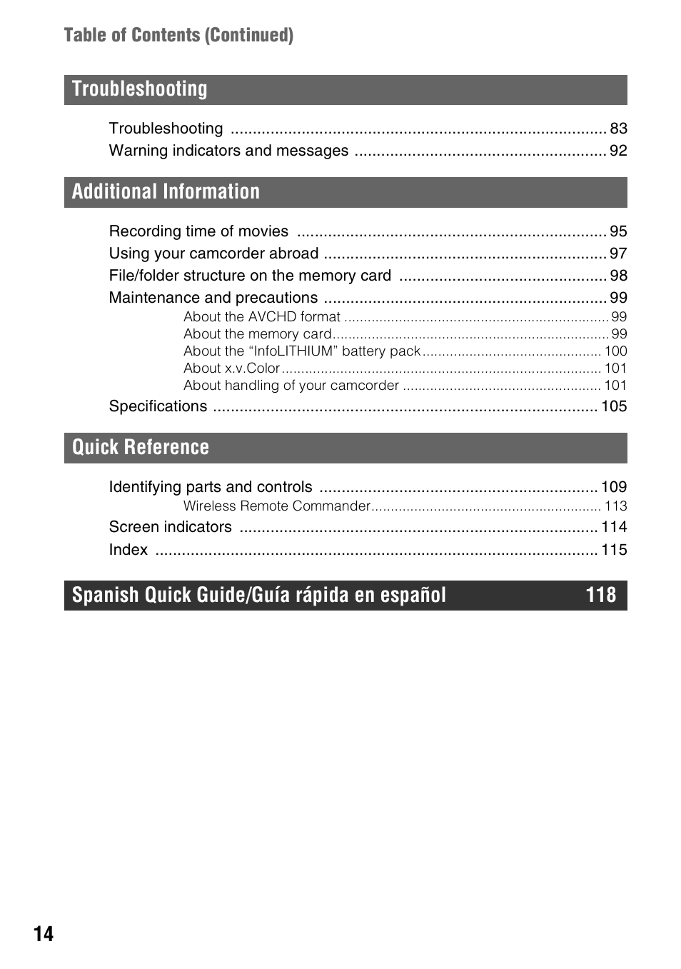 Sony HDR-AX2000 User Manual | Page 14 / 132