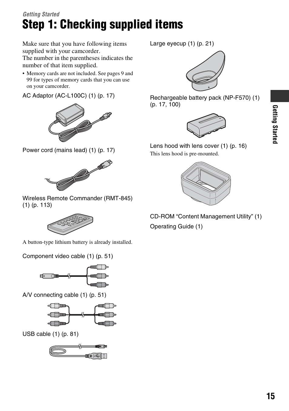 Getting started, Step 1: checking supplied items | Sony HDR-AX2000 User Manual | Page 15 / 132