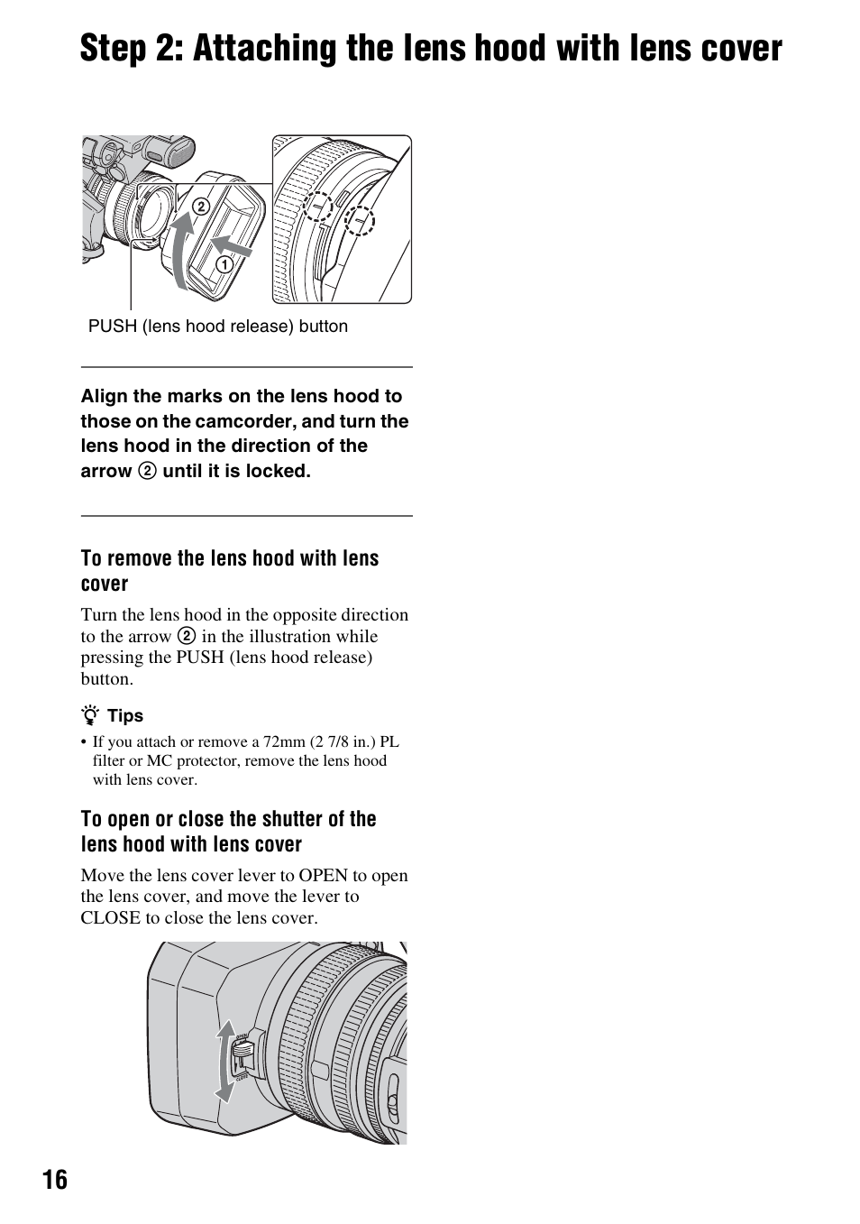 Step 2: attaching the lens hood with lens cover, P. 16) | Sony HDR-AX2000 User Manual | Page 16 / 132