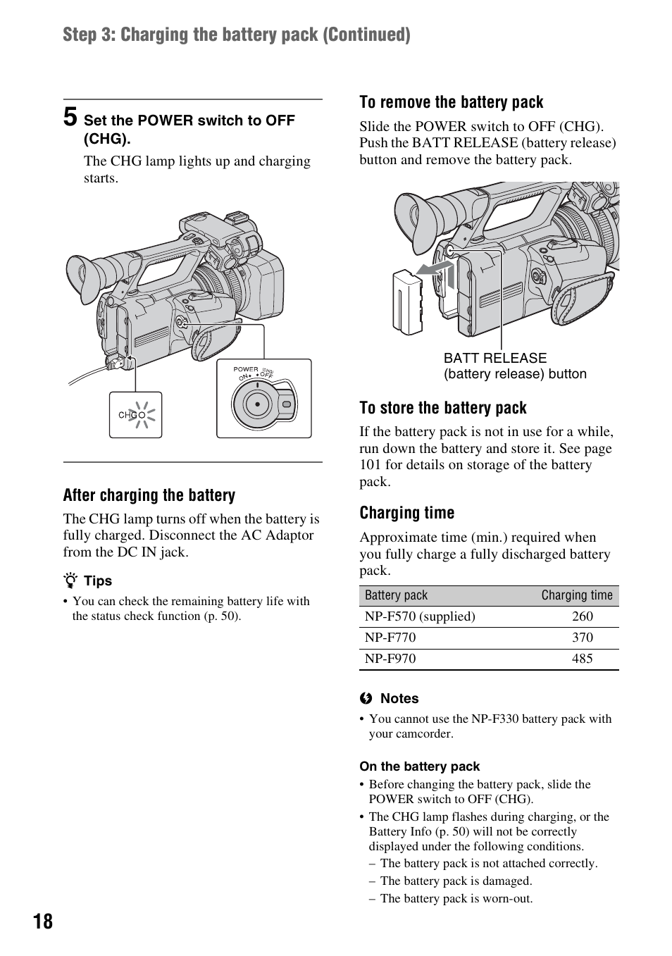 Step 3: charging the battery pack (continued) | Sony HDR-AX2000 User Manual | Page 18 / 132