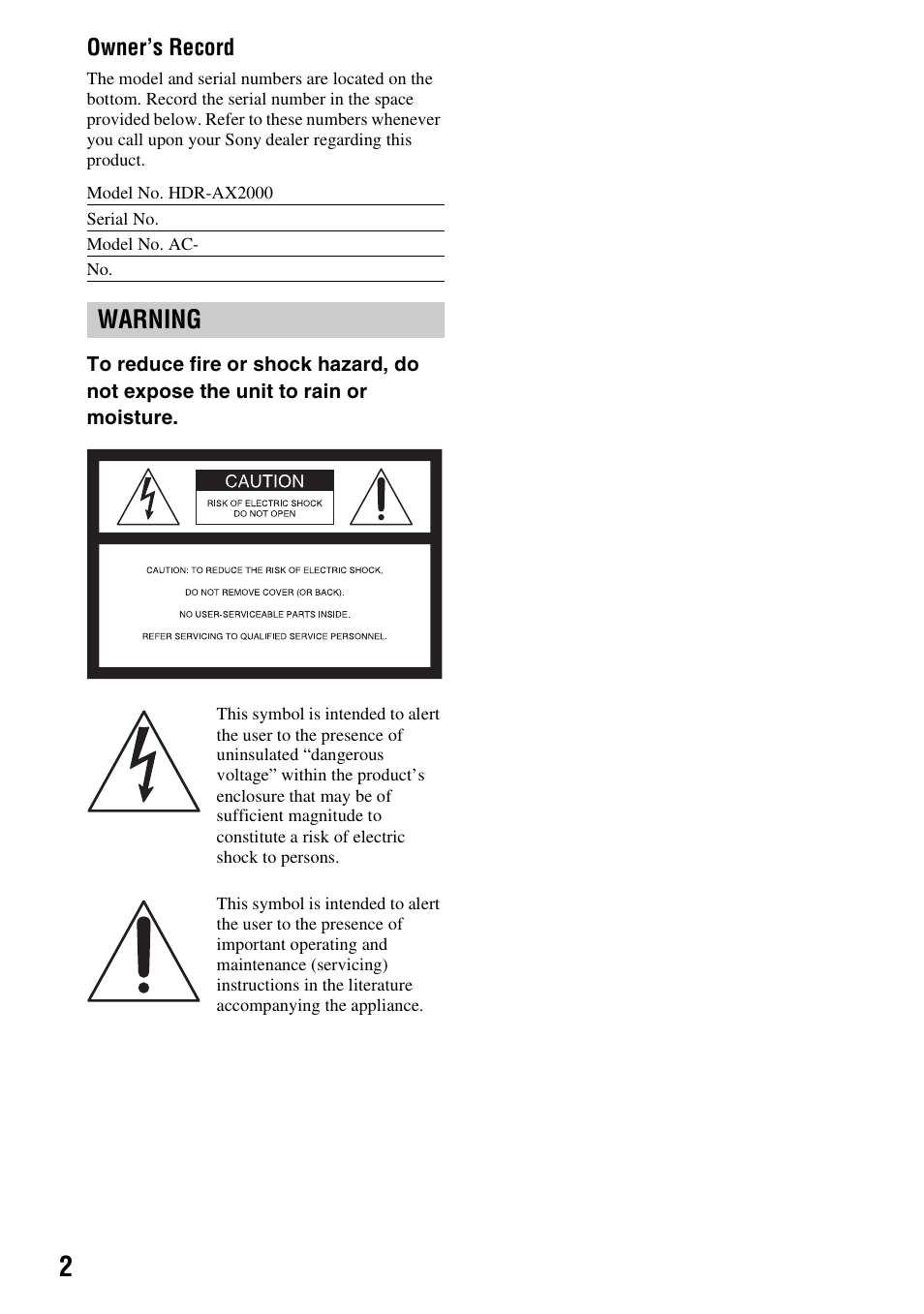 Warning | Sony HDR-AX2000 User Manual | Page 2 / 132