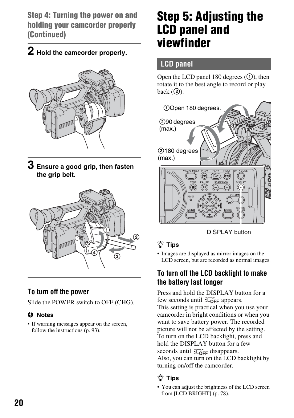 Step 5: adjusting the lcd panel and viewfinder | Sony HDR-AX2000 User Manual | Page 20 / 132