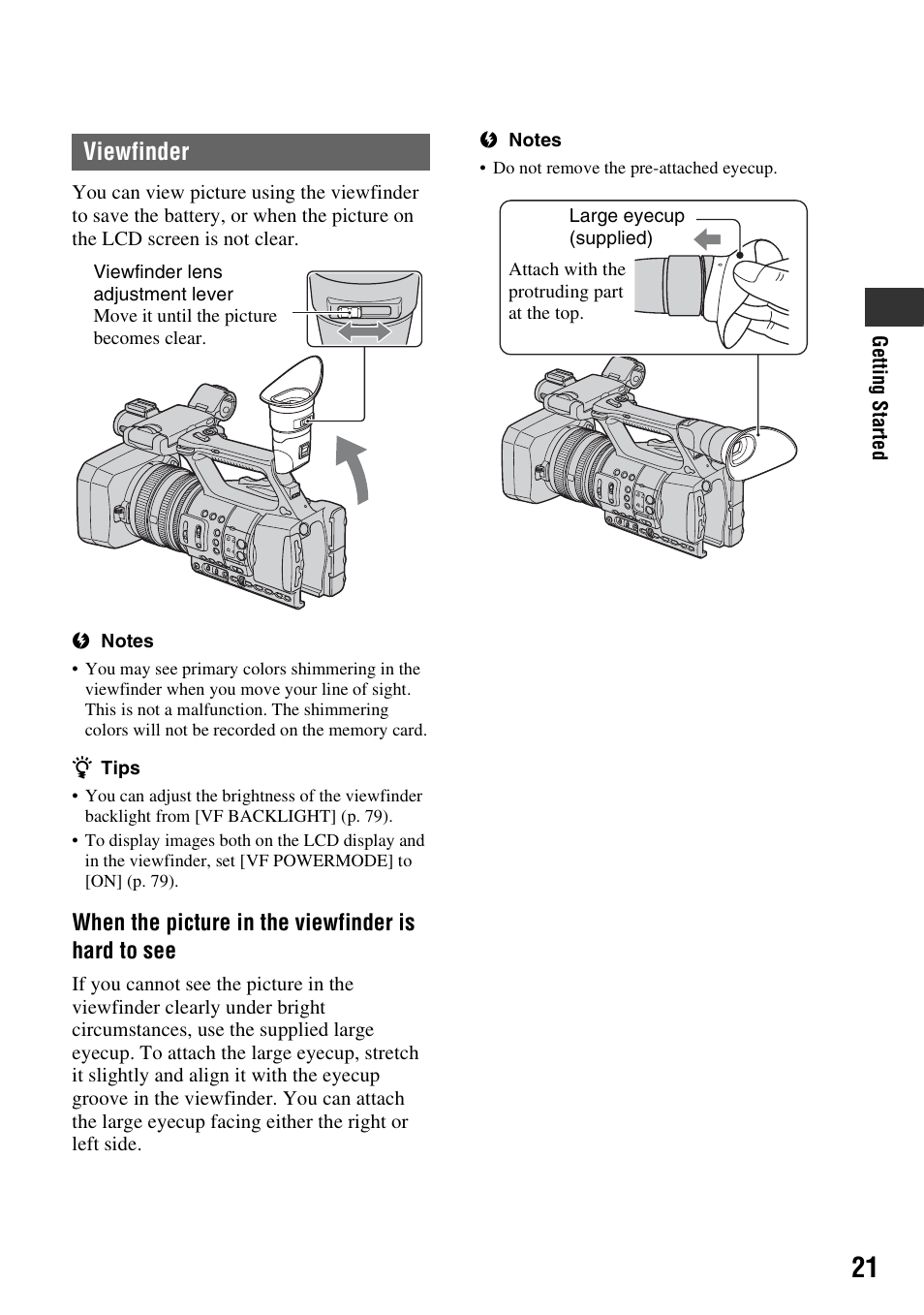 P. 21, Viewfinder | Sony HDR-AX2000 User Manual | Page 21 / 132