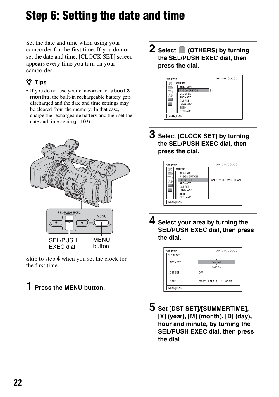 Step 6: setting the date and time, P. 22 | Sony HDR-AX2000 User Manual | Page 22 / 132