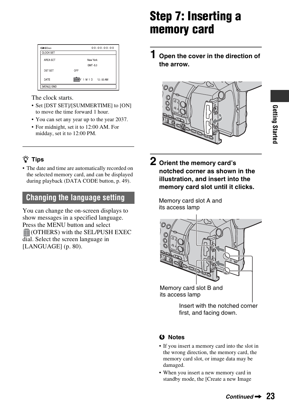 Changing the language setting, Step 7: inserting a memory card, Ry (p. 23) | Sony HDR-AX2000 User Manual | Page 23 / 132