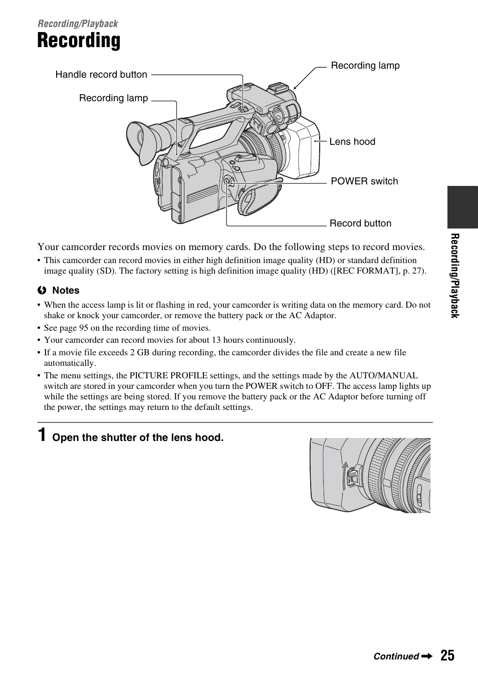 Recording/playback, Recording, Playback | Sony HDR-AX2000 User Manual | Page 25 / 132