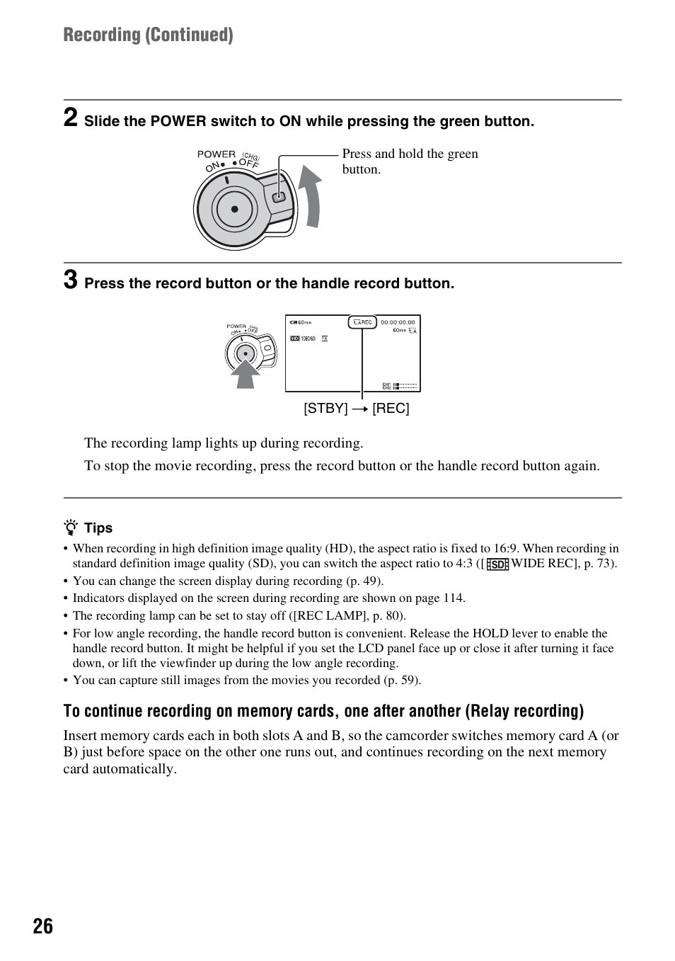 Recording ( continued) | Sony HDR-AX2000 User Manual | Page 26 / 132