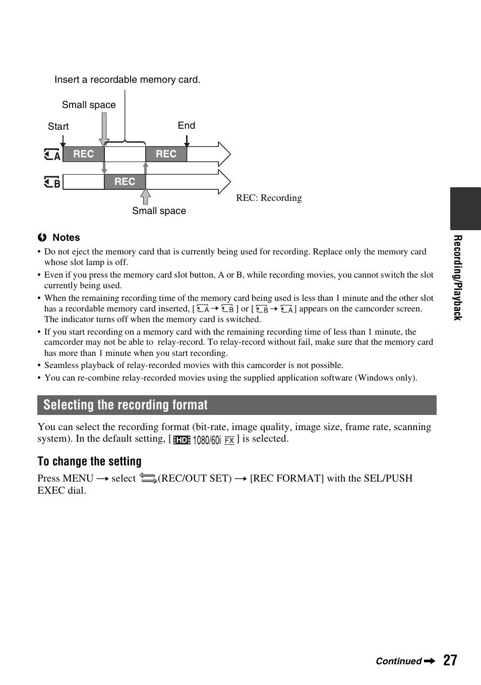 Selecting the recording format | Sony HDR-AX2000 User Manual | Page 27 / 132