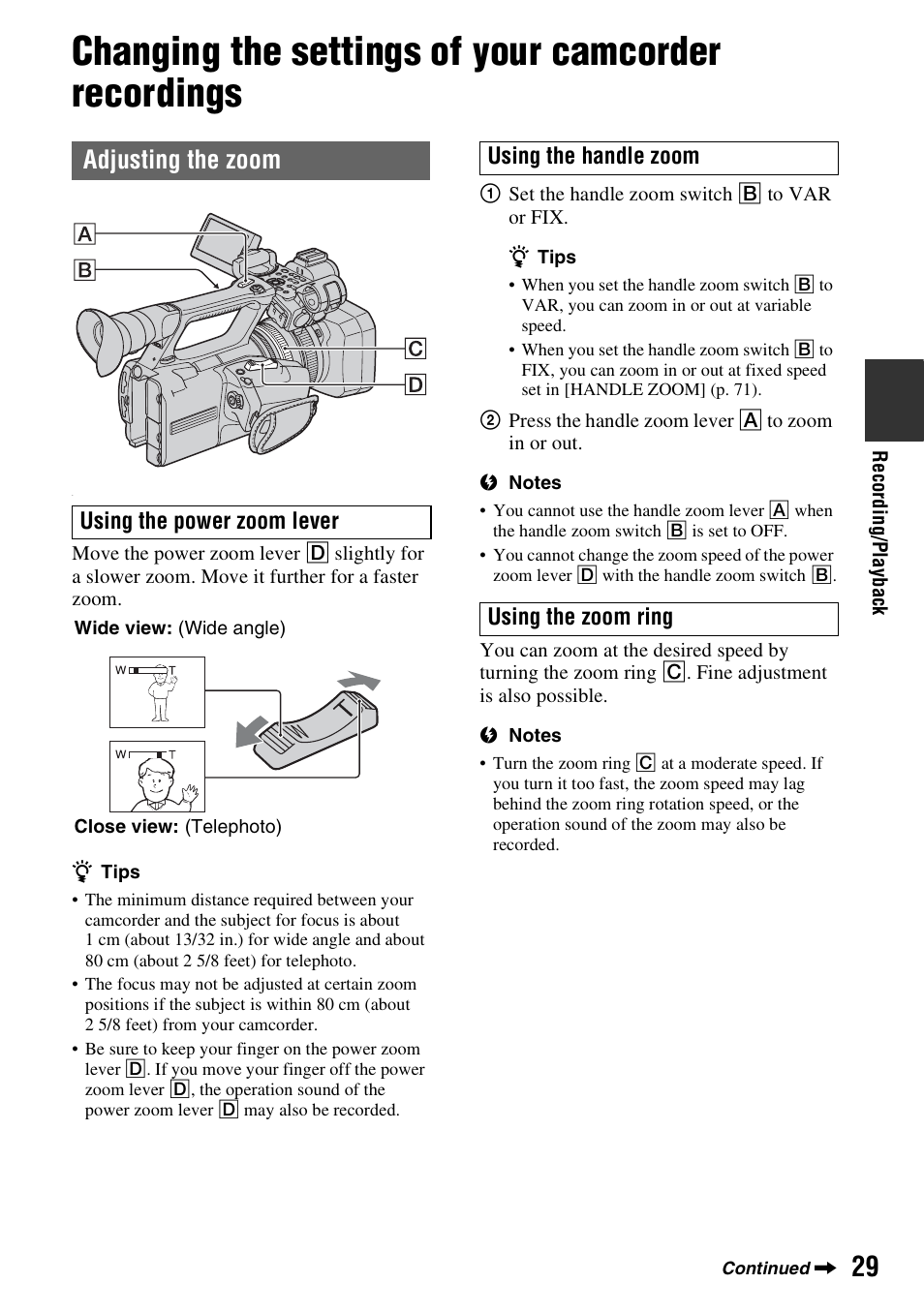 Changing the settings of your camcorder recordings, Adjusting the zoom | Sony HDR-AX2000 User Manual | Page 29 / 132