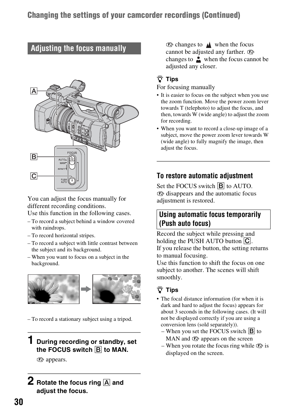 Adjusting the focus manually | Sony HDR-AX2000 User Manual | Page 30 / 132