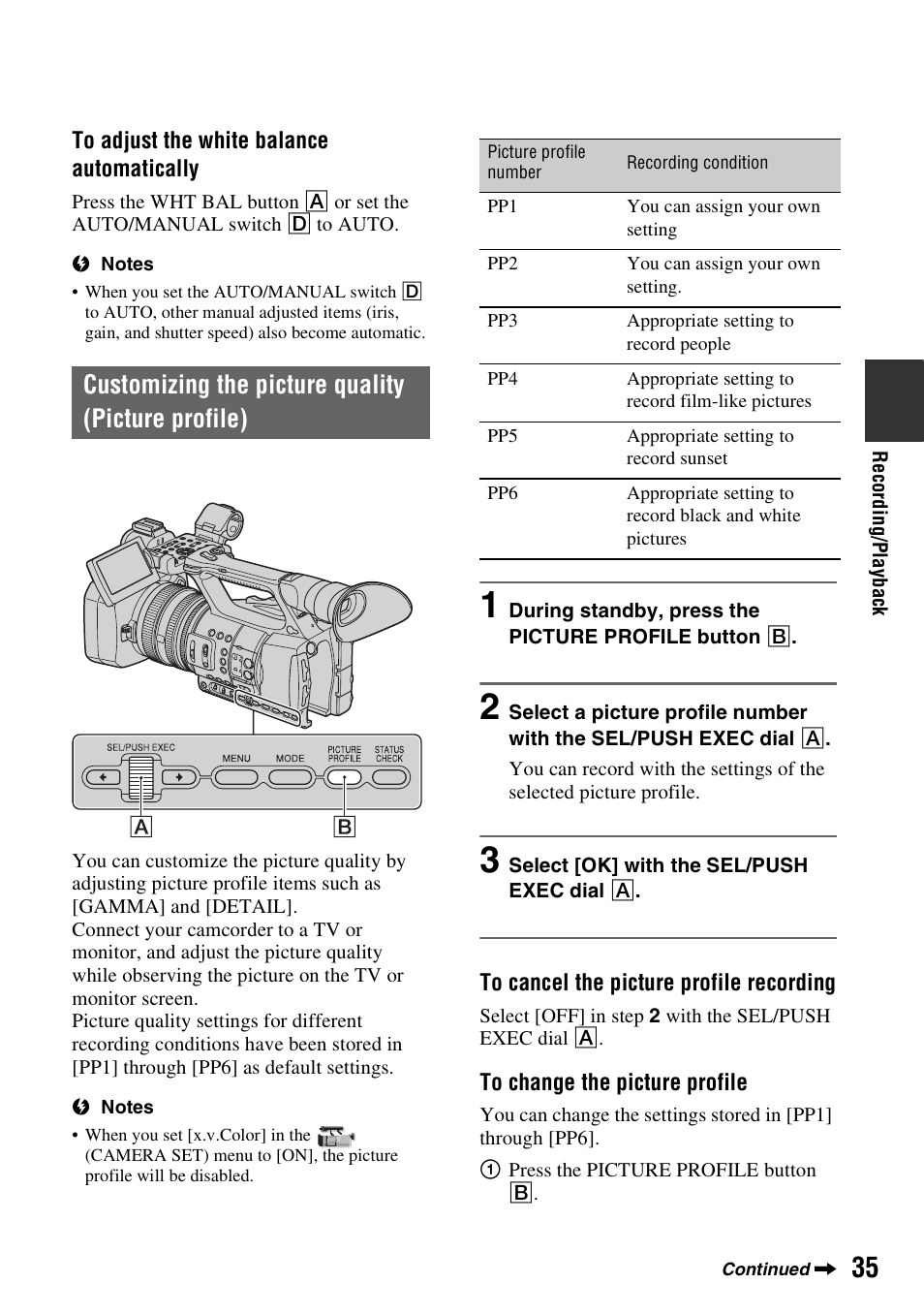 Customizing the picture quality (picture profile) | Sony HDR-AX2000 User Manual | Page 35 / 132