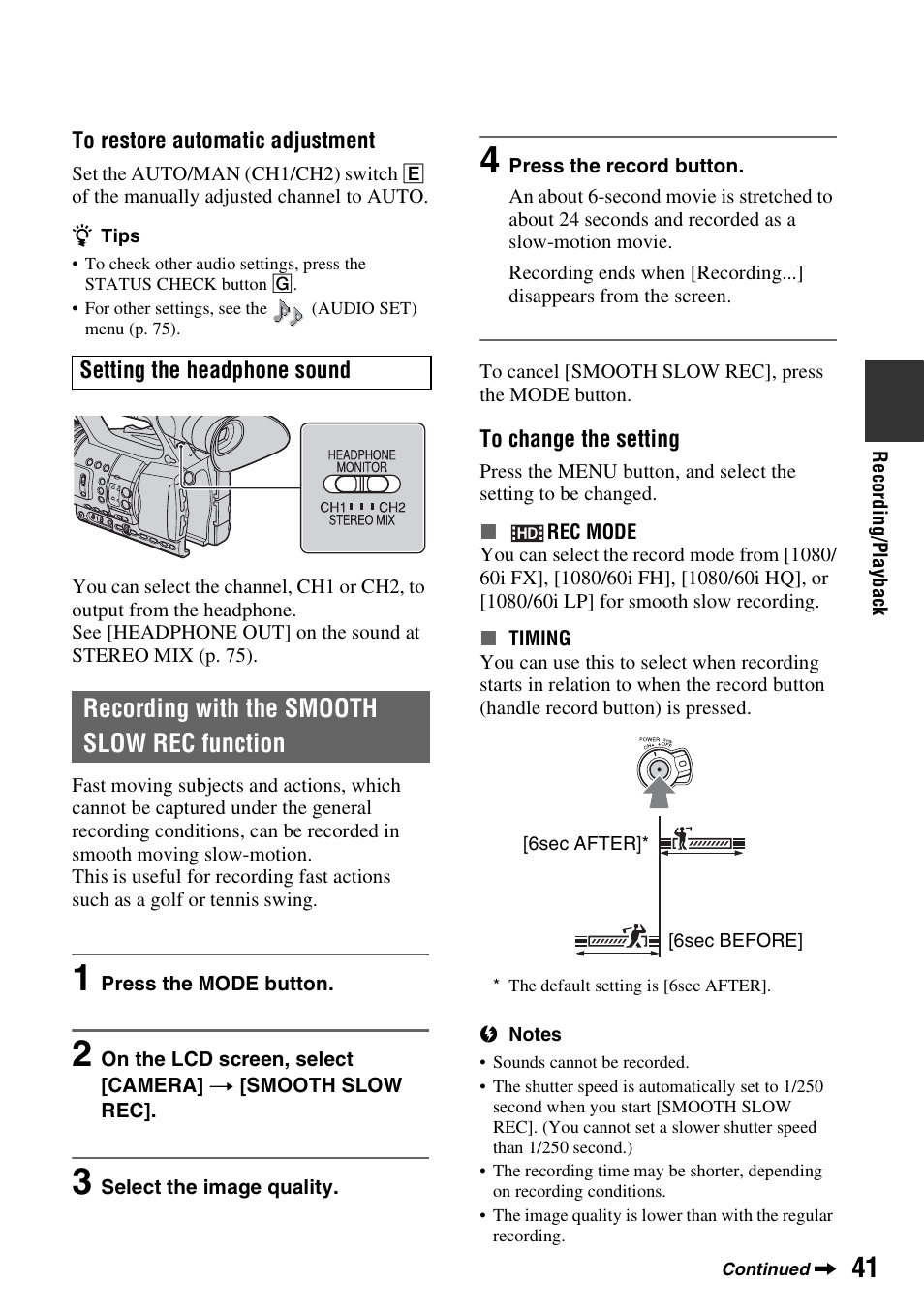 Recording with the smooth slow rec function | Sony HDR-AX2000 User Manual | Page 41 / 132