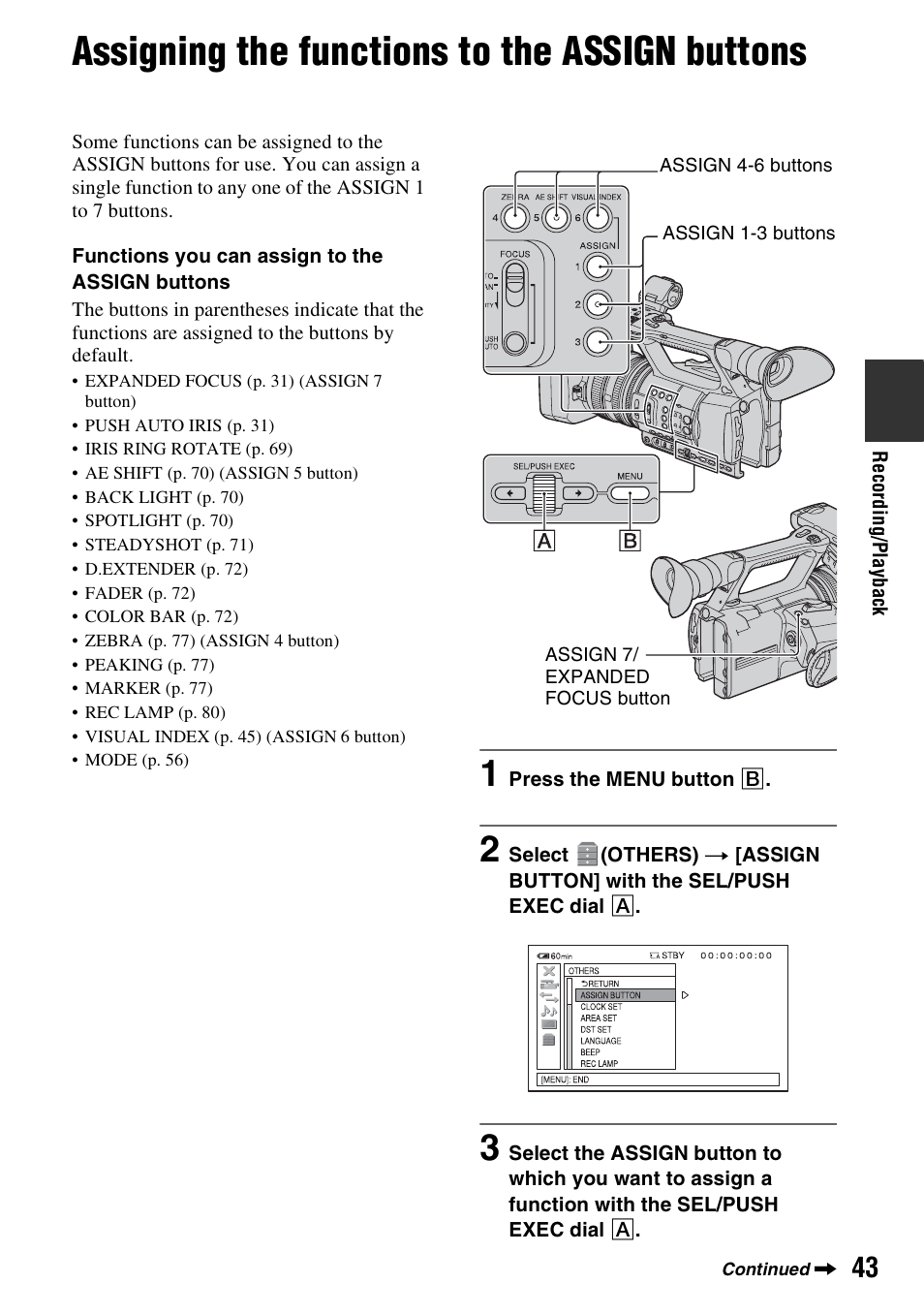 Assigning the functions to the assign buttons | Sony HDR-AX2000 User Manual | Page 43 / 132