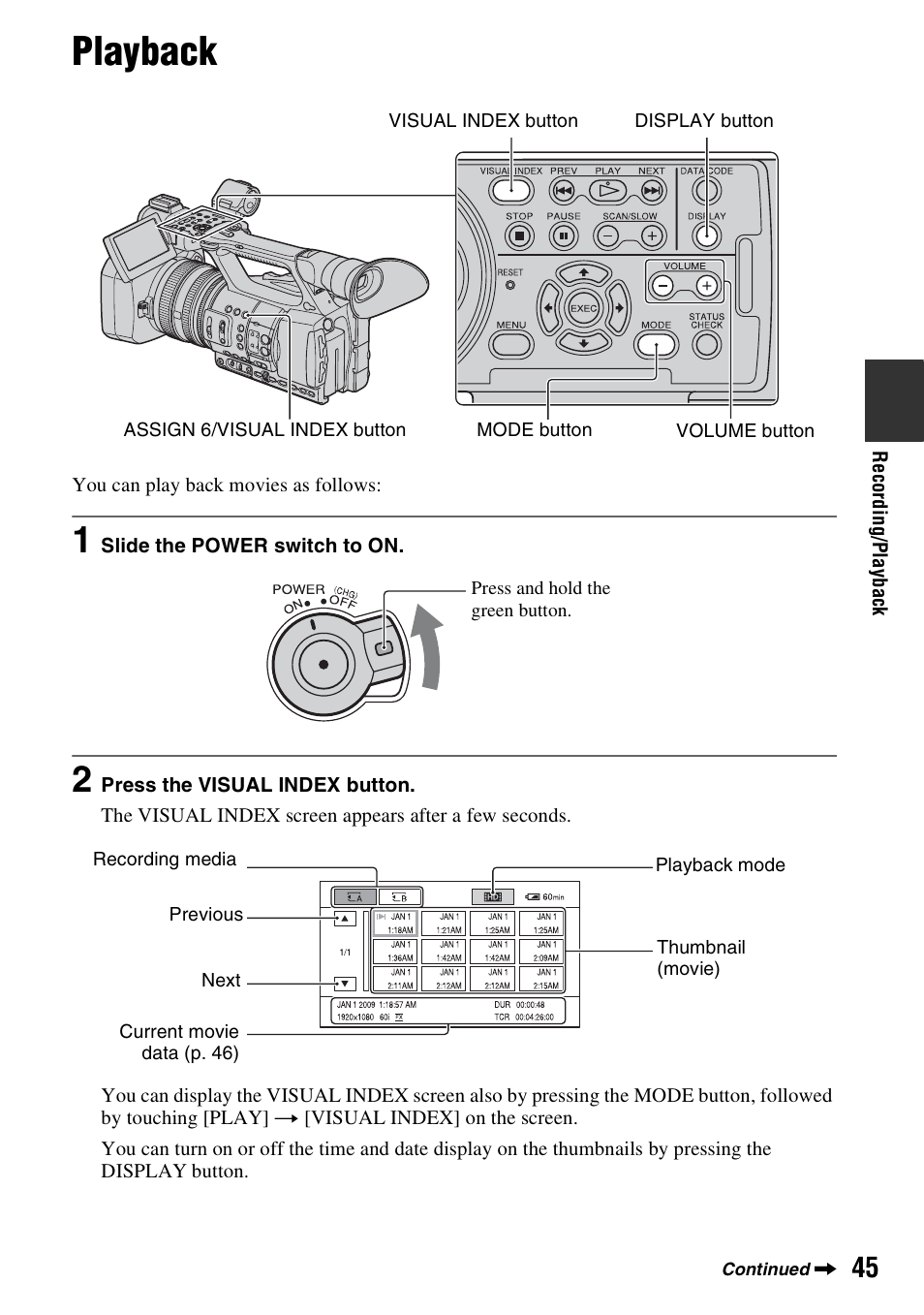 Playback, P. 45) | Sony HDR-AX2000 User Manual | Page 45 / 132