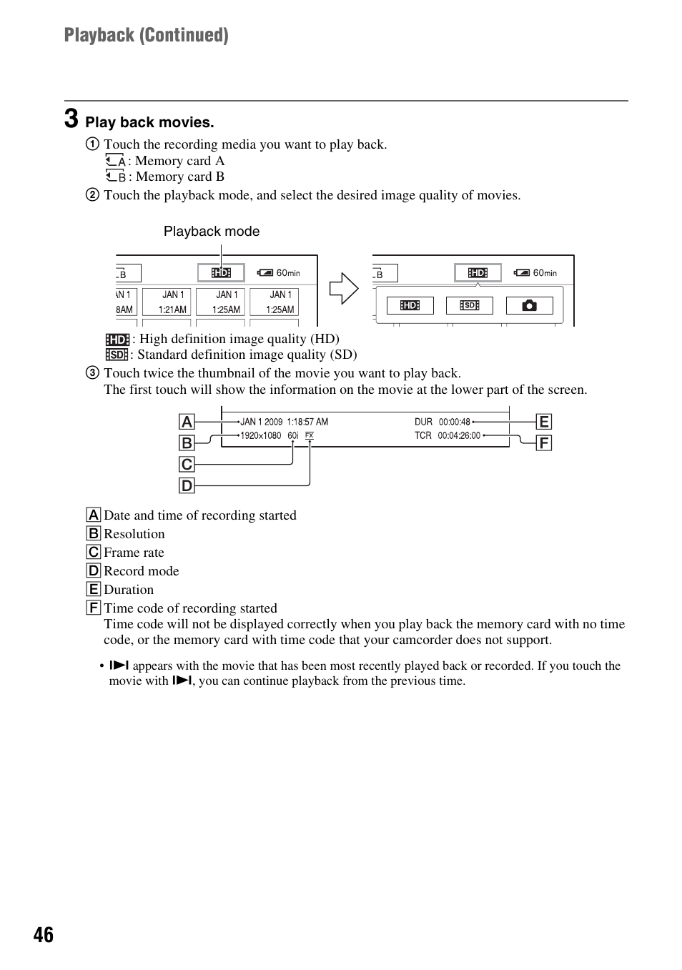 Playback ( continued) | Sony HDR-AX2000 User Manual | Page 46 / 132