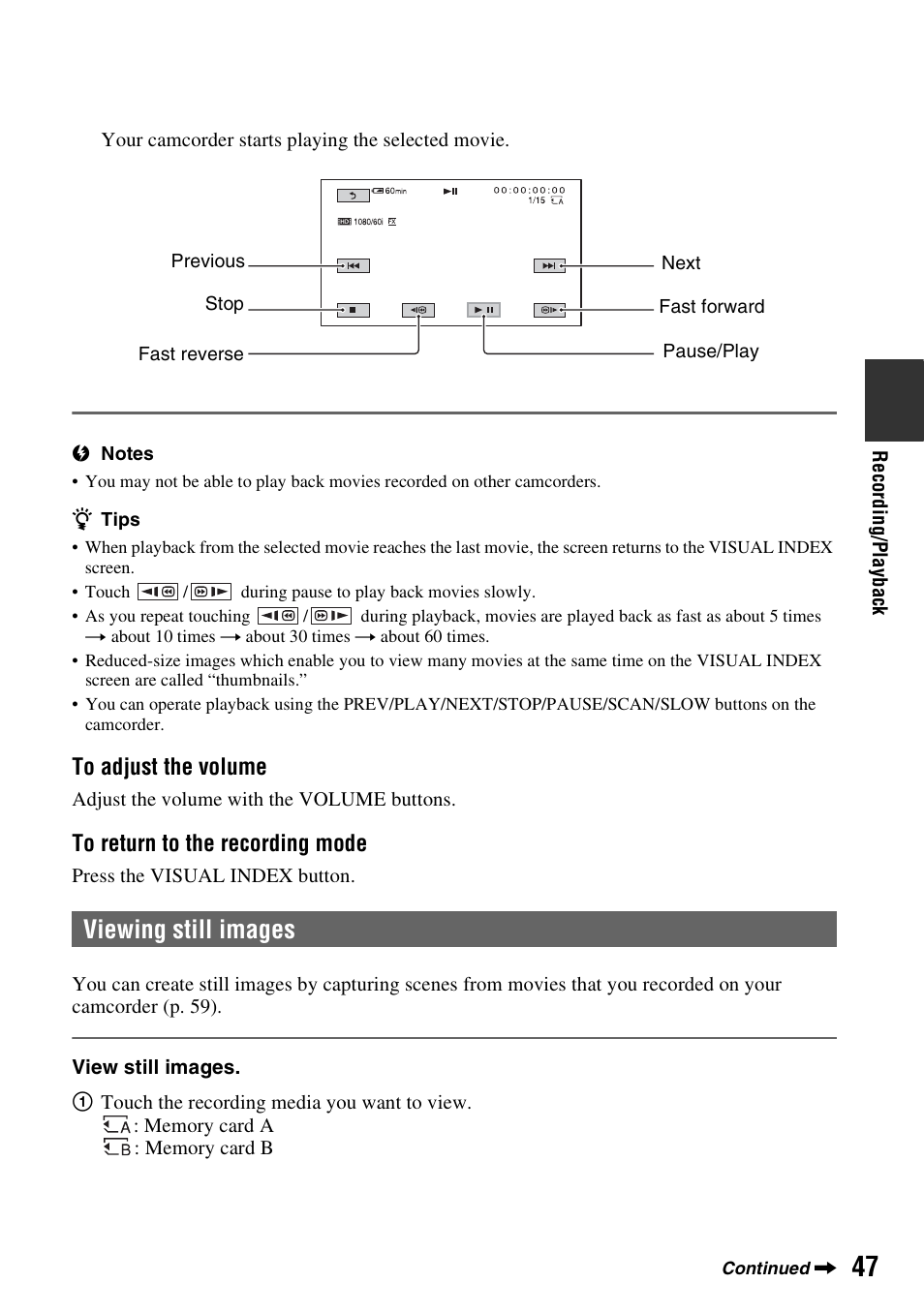 Viewing still images | Sony HDR-AX2000 User Manual | Page 47 / 132