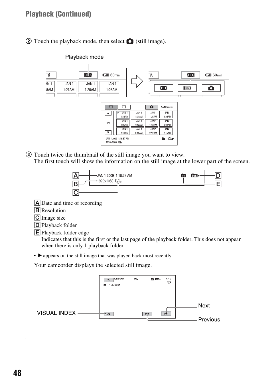 Playback ( continued) | Sony HDR-AX2000 User Manual | Page 48 / 132