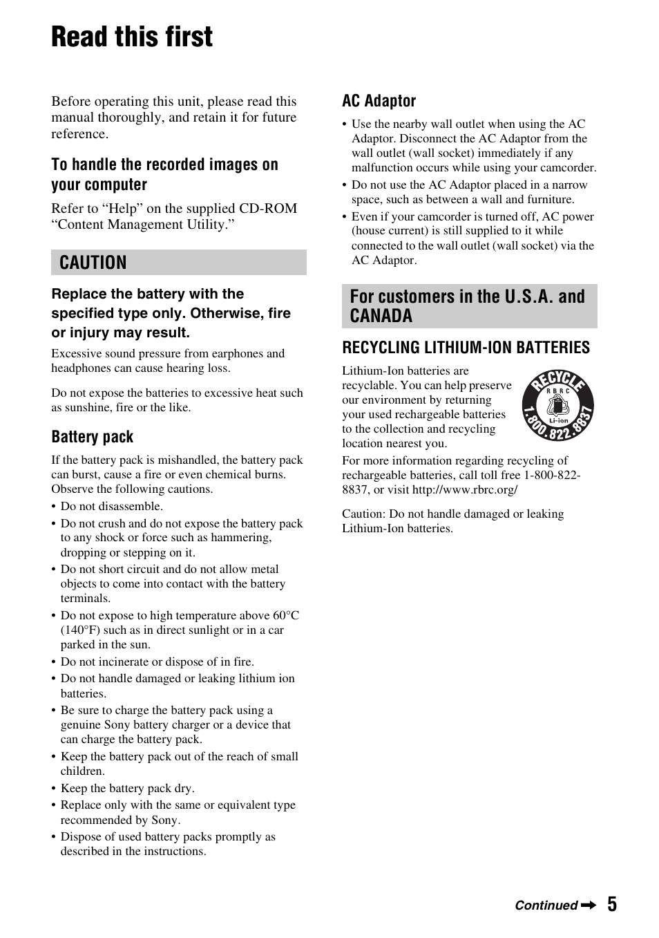 Read this first, Caution for customers in the u.s.a. and canada | Sony HDR-AX2000 User Manual | Page 5 / 132