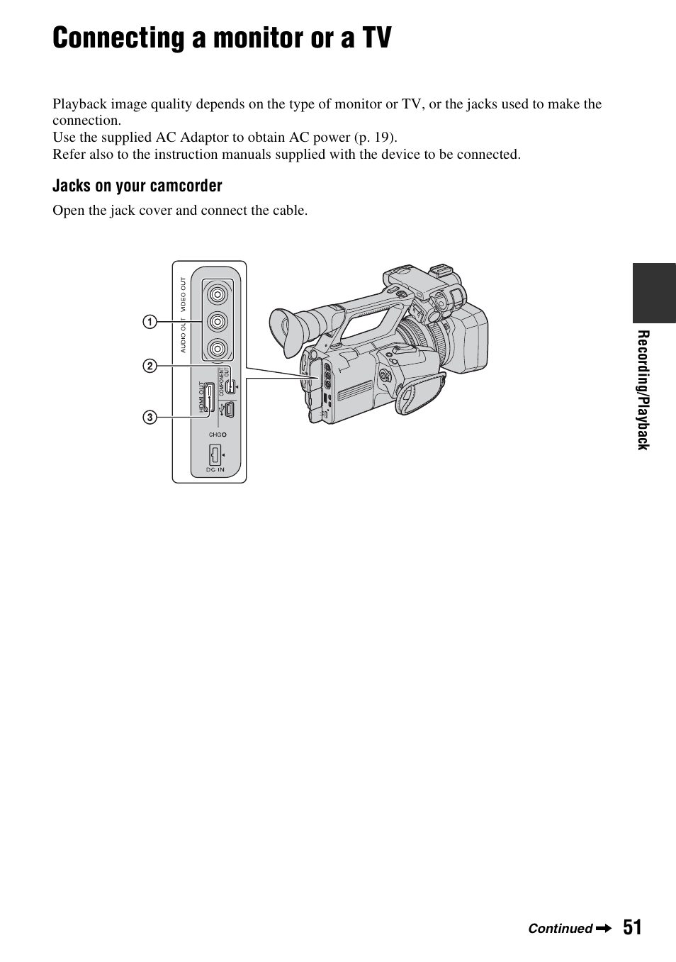 Connecting a monitor or a tv, E (1) (p. 51), P. 51) | Sony HDR-AX2000 User Manual | Page 51 / 132