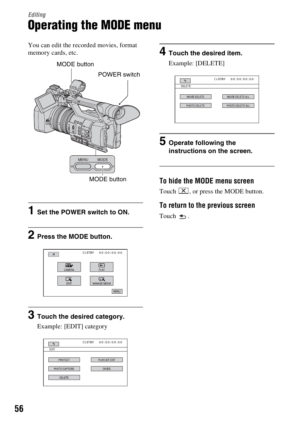 Editing, Operating the mode menu, P. 56) | Sony HDR-AX2000 User Manual | Page 56 / 132