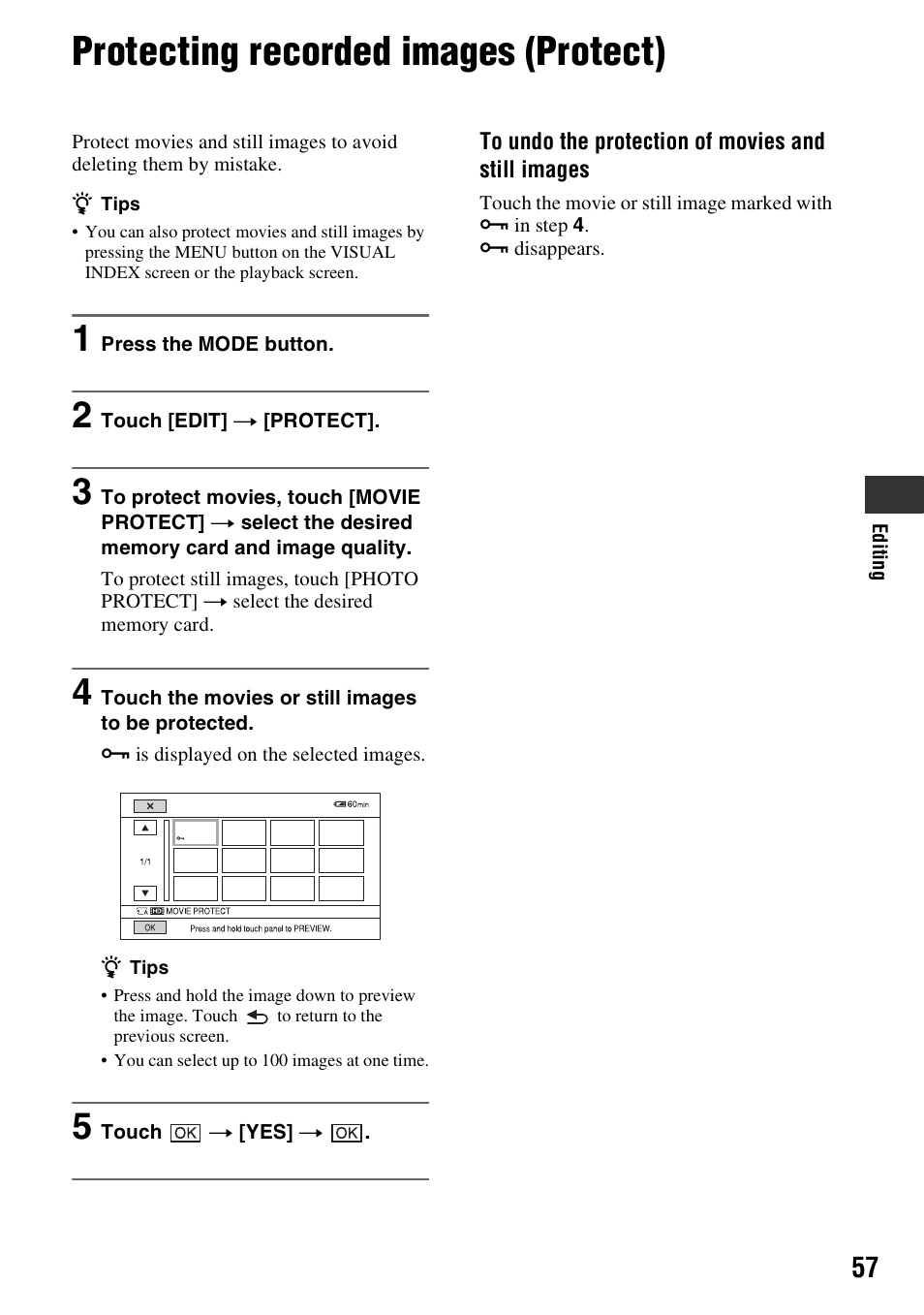 Protecting recorded images (protect) | Sony HDR-AX2000 User Manual | Page 57 / 132