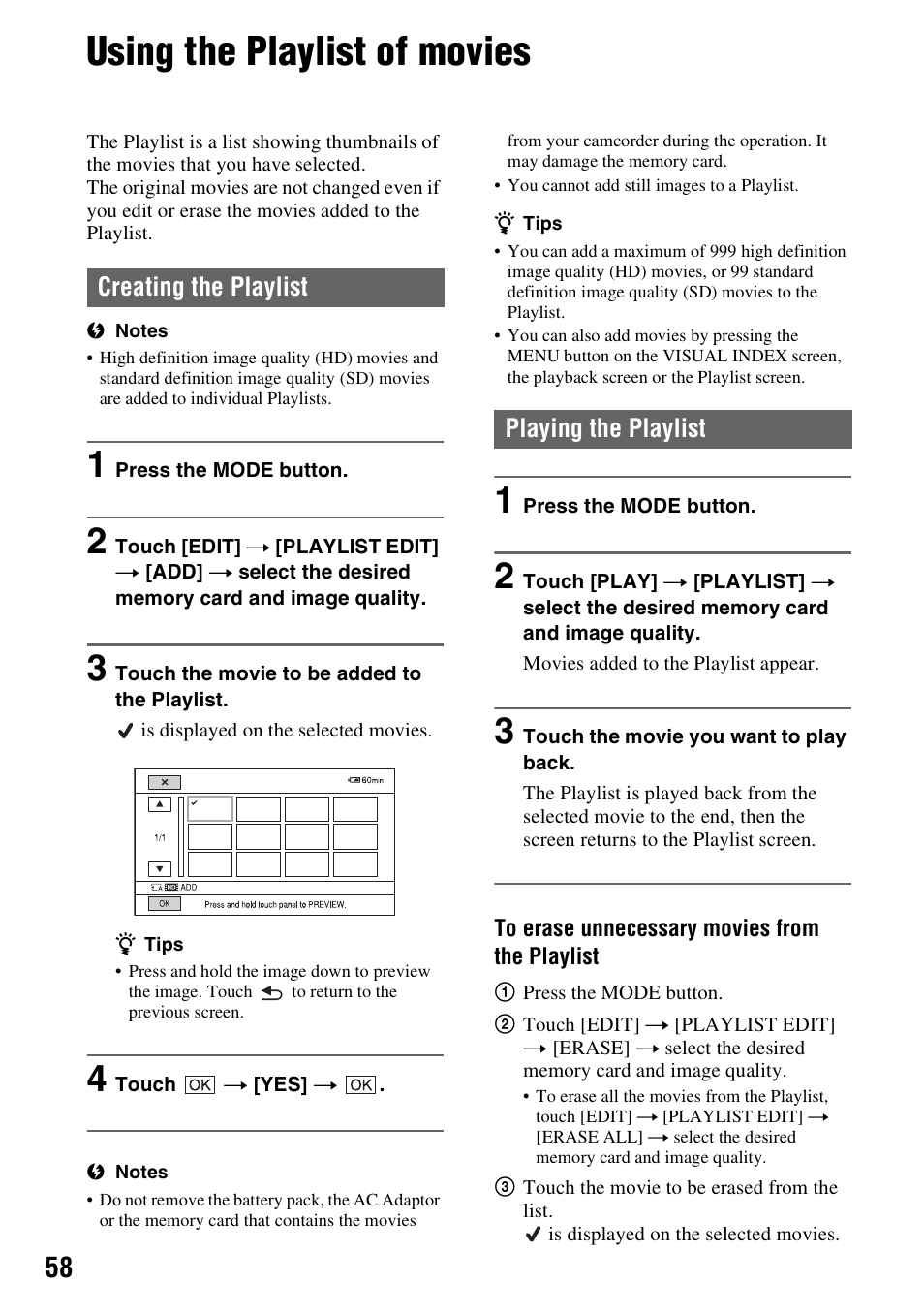 Using the playlist of movies, Creating the playlist, Playing the playlist | Creating the playlist playing the playlist | Sony HDR-AX2000 User Manual | Page 58 / 132