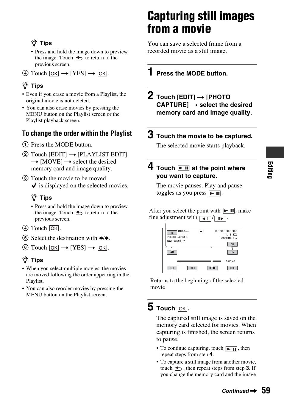 Capturing still images from a movie, P. 59) | Sony HDR-AX2000 User Manual | Page 59 / 132