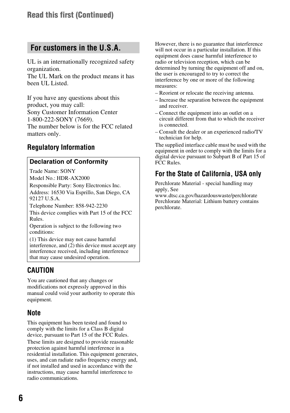 For customers in the u.s.a, Read this first (continued) | Sony HDR-AX2000 User Manual | Page 6 / 132