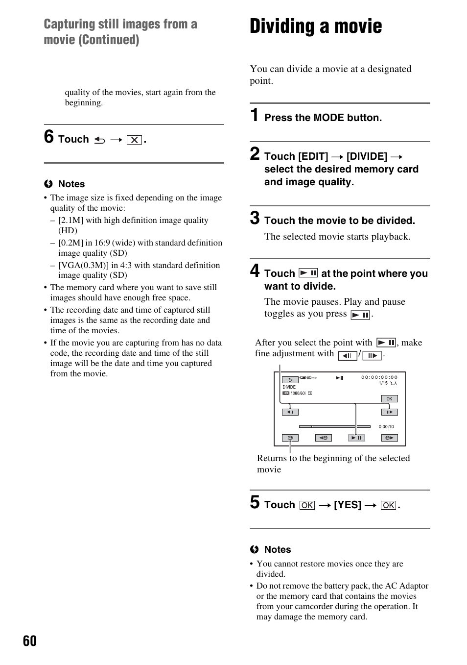 Dividing a movie, Capturing still images from a movie ( continued) | Sony HDR-AX2000 User Manual | Page 60 / 132