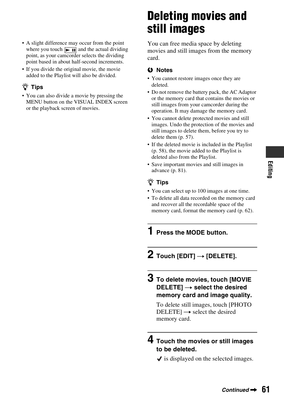 Deleting movies and still images | Sony HDR-AX2000 User Manual | Page 61 / 132