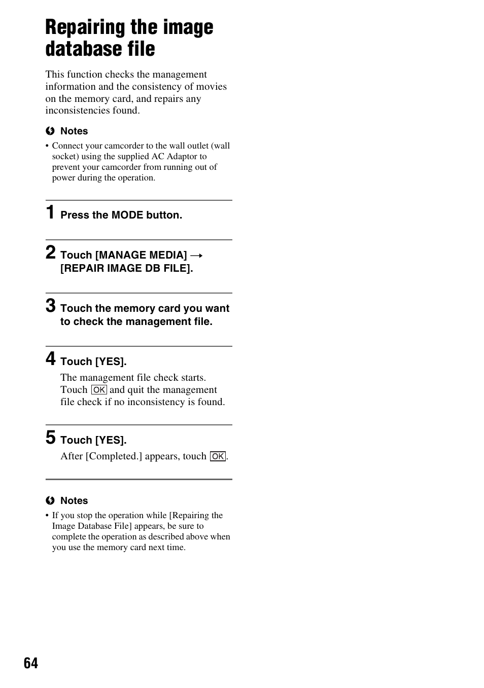 Repairing the image database file | Sony HDR-AX2000 User Manual | Page 64 / 132