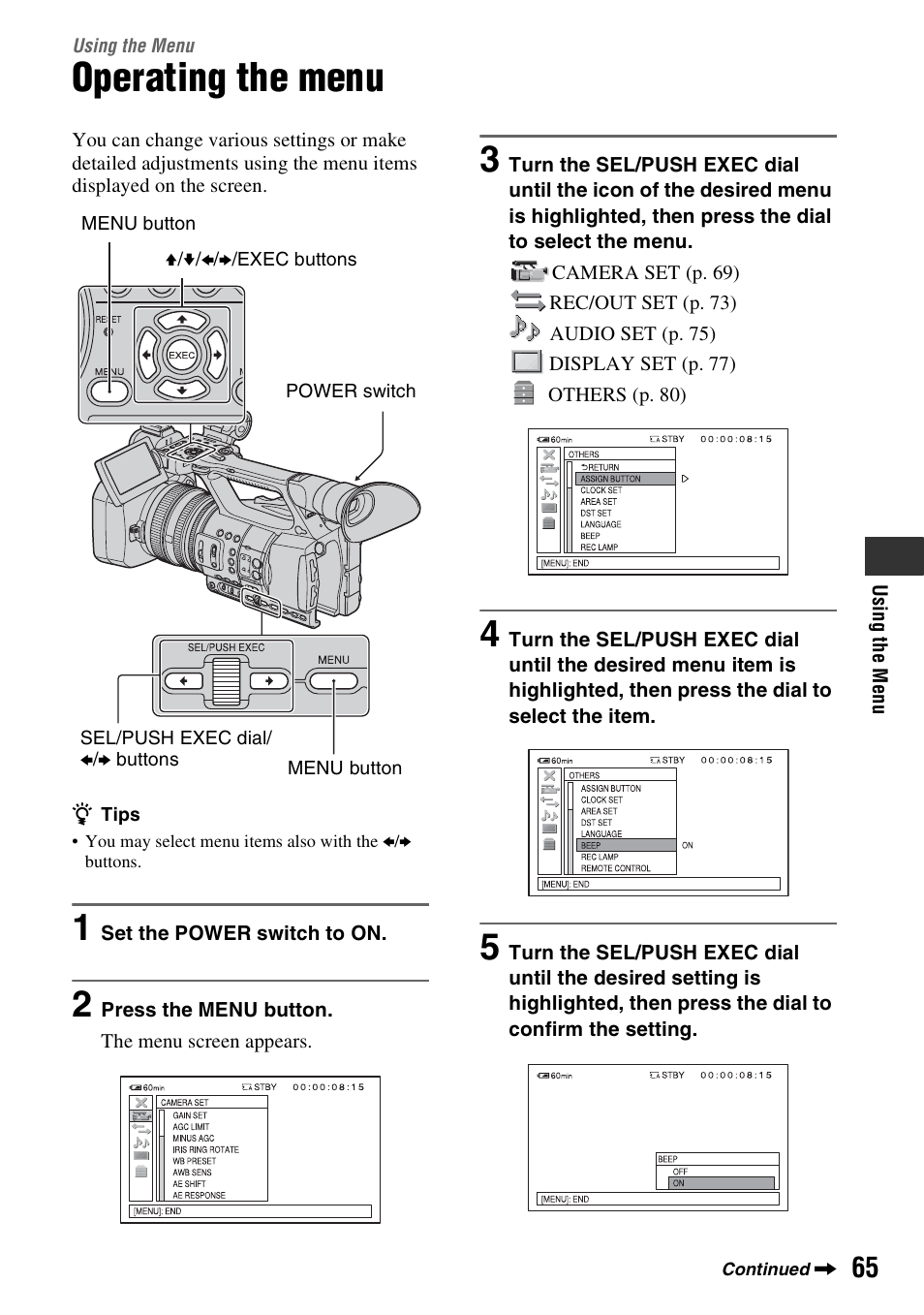 Using the menu, Operating the menu, P. 65 | Sony HDR-AX2000 User Manual | Page 65 / 132