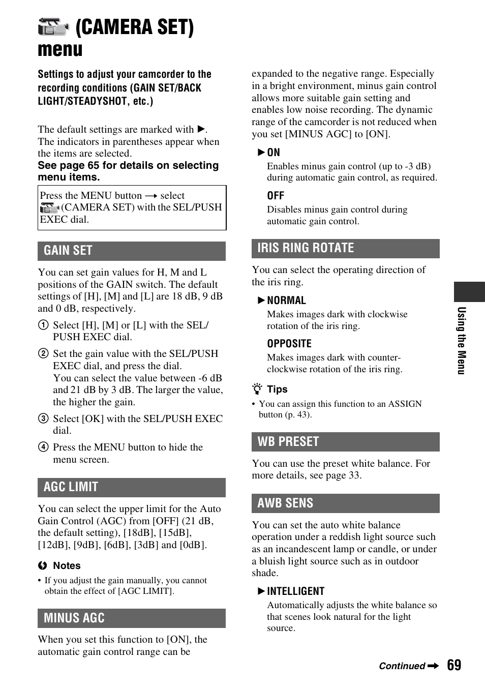 Camera set) menu, P. 69, Up (p. 69) | P. 69), Gain set, Agc limit, Minus agc, Iris ring rotate, Wb preset, Awb sens | Sony HDR-AX2000 User Manual | Page 69 / 132