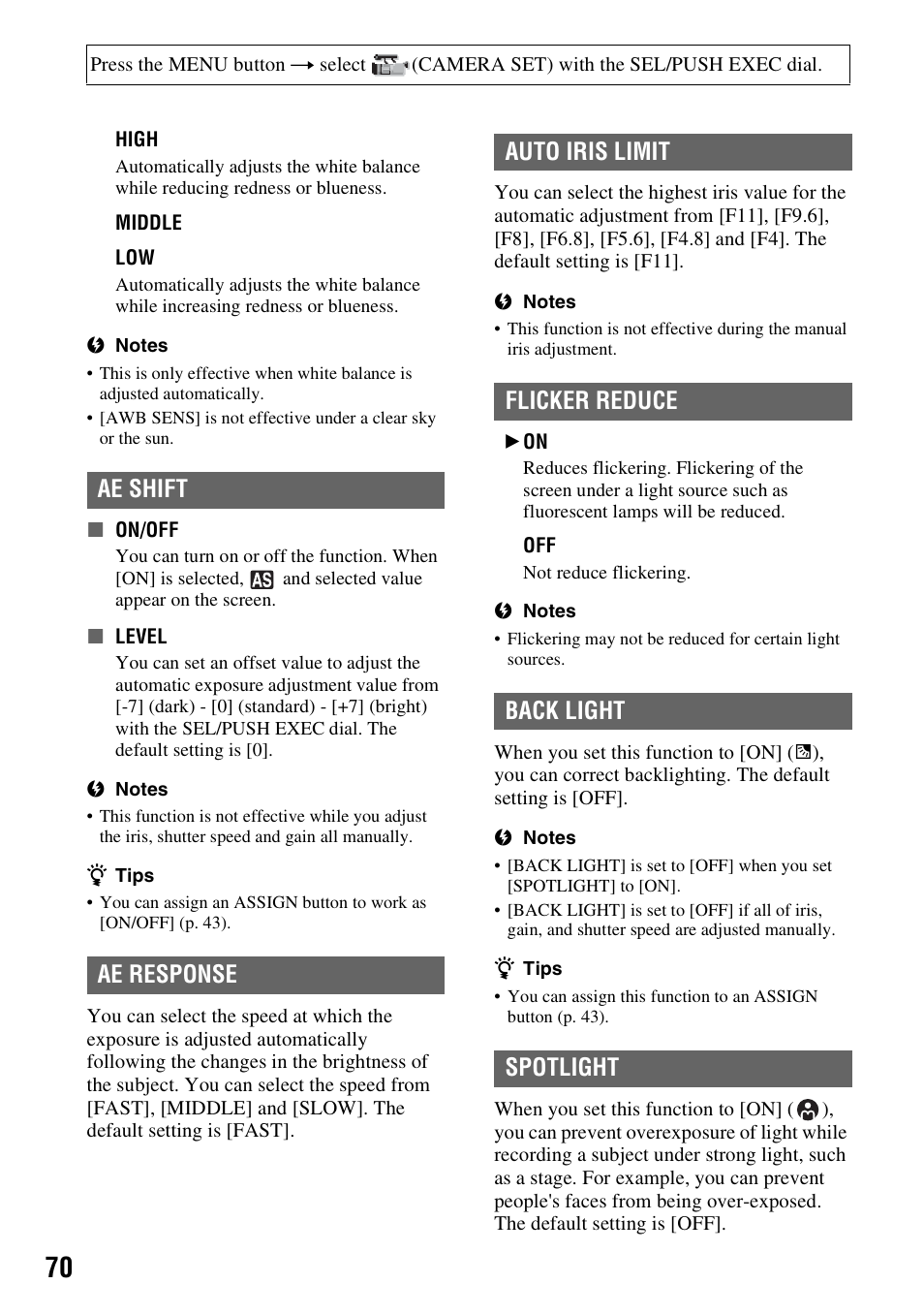 P. 70), Ae shift, Ae response | Auto iris limit, Flicker reduce, Back light, Spotlight | Sony HDR-AX2000 User Manual | Page 70 / 132