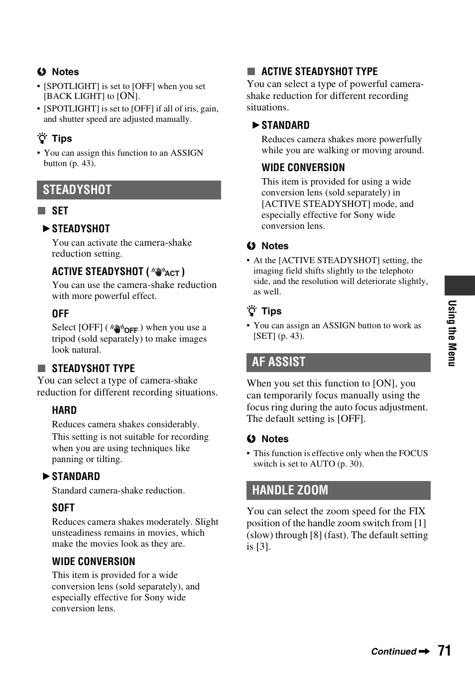 P. 71), Steadyshot, Af assist | Handle zoom, Steadyshot af assist handle zoom | Sony HDR-AX2000 User Manual | Page 71 / 132