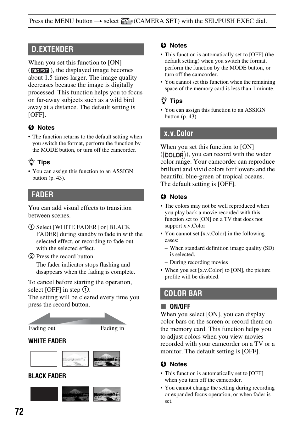 P. 72), P. 72, D.extender | Fader, X.v.color, Color bar, D.extender fader, X.v.color color bar | Sony HDR-AX2000 User Manual | Page 72 / 132