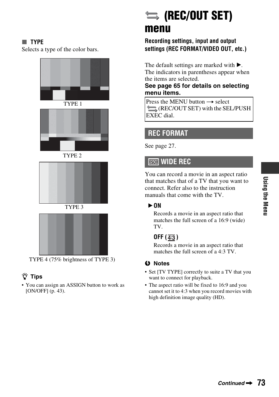 Rec/out set) menu, P. 73), Rec format | Wide rec | Sony HDR-AX2000 User Manual | Page 73 / 132