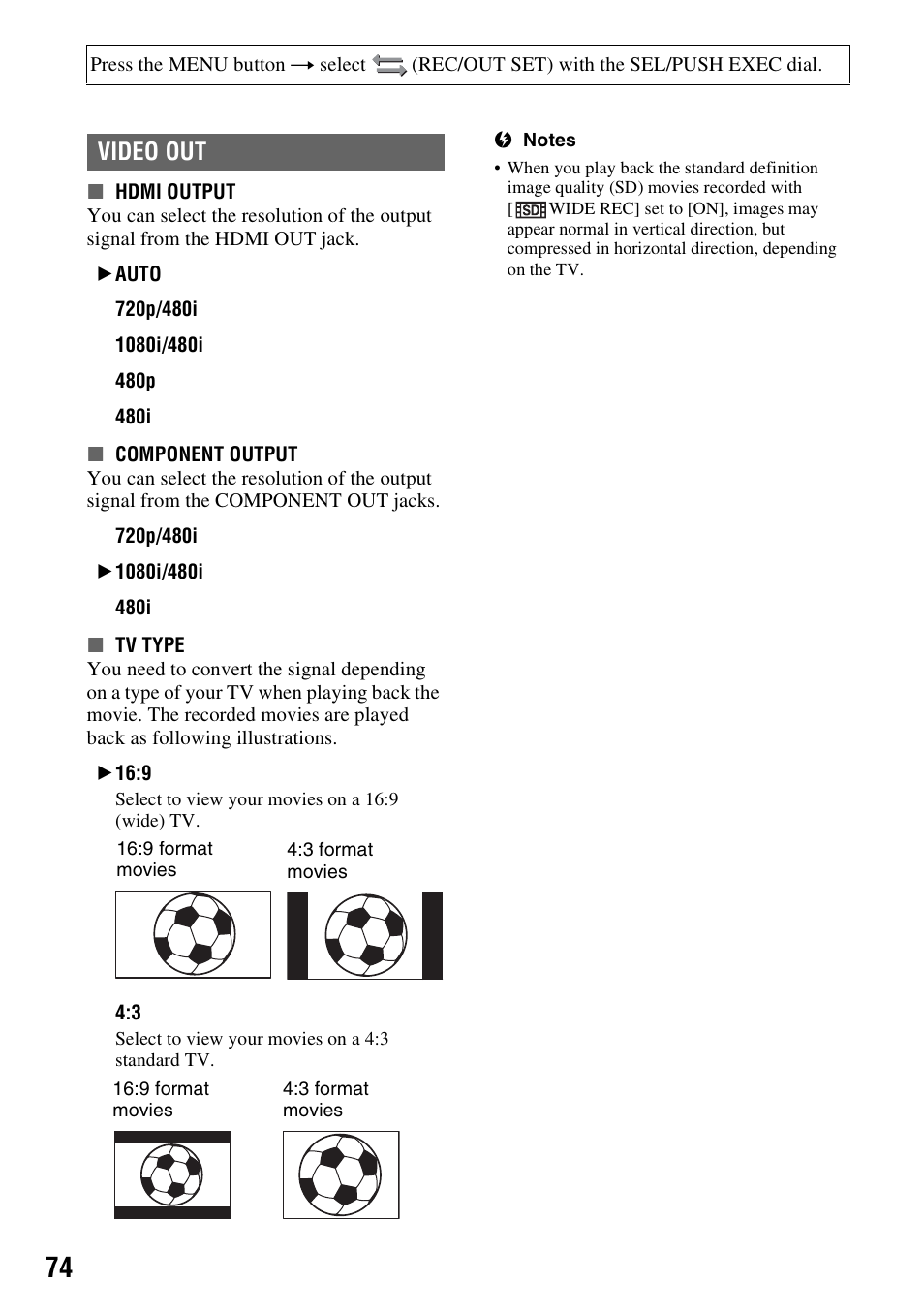 P. 74), P. 74, Video out | Video out, et | Sony HDR-AX2000 User Manual | Page 74 / 132