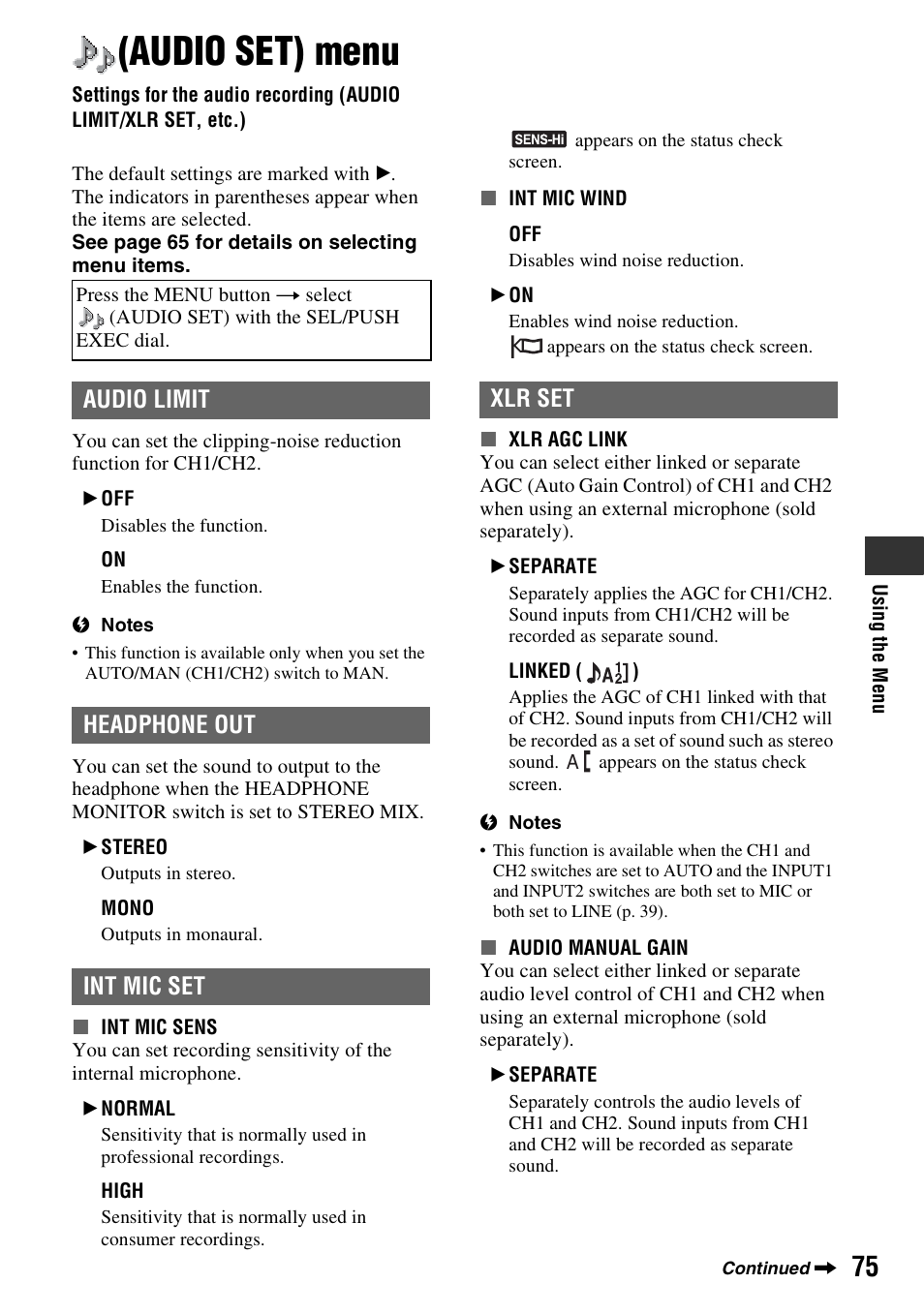 Audio set) menu, P. 75), Audio set (p. 75) | Audio limit, Headphone out, Int mic set, Xlr set, Audio limit headphone out int mic set | Sony HDR-AX2000 User Manual | Page 75 / 132