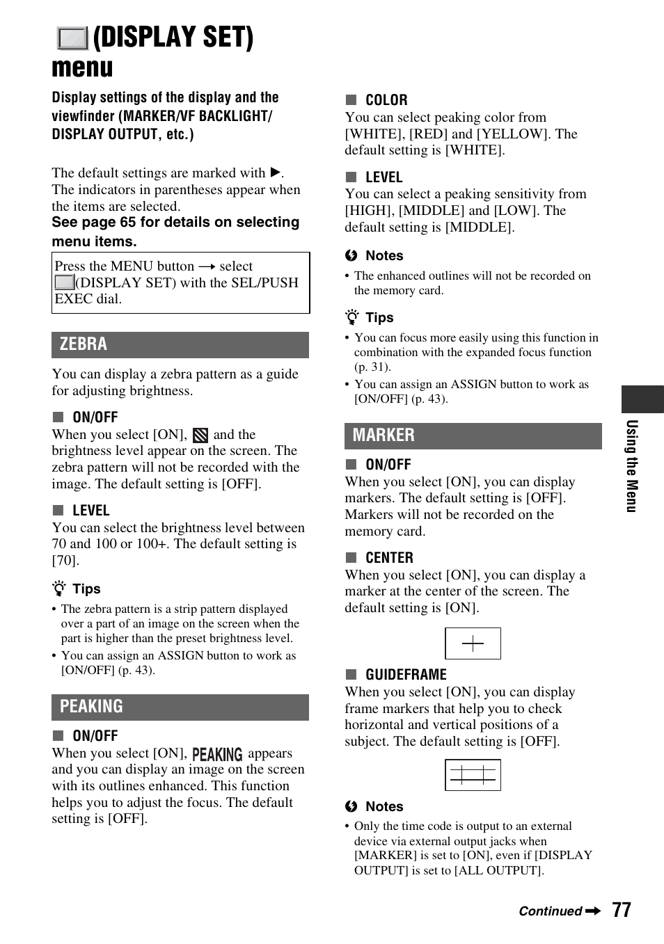 Display set) menu, P. 77), Ng (p. 77) | Display set (p. 77), Zebra, Peaking, Marker, Zebra peaking | Sony HDR-AX2000 User Manual | Page 77 / 132