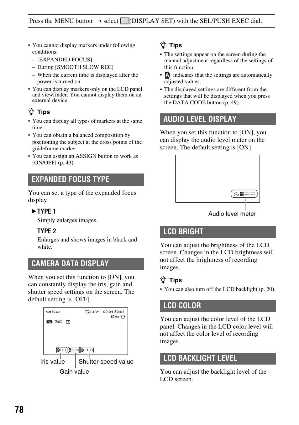 Expanded focus type, Camera data display, Audio level display | Lcd bright, Lcd color, Lcd backlight level, Expanded focus type camera data display | Sony HDR-AX2000 User Manual | Page 78 / 132