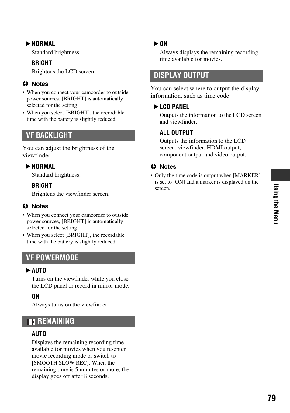 Vf backlight, Vf powermode, Remaining | Display output, Vf backlight vf powermode remaining display output | Sony HDR-AX2000 User Manual | Page 79 / 132